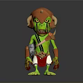 Cartoon Green Goblin Character With Orange Horns Large Ears Metal Armor And Red Shorts
