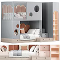 Pastel Pink Bunk Bed With Circular Cutouts And Storage Drawers 3d model