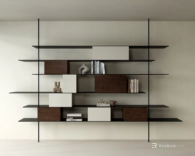 Modern Bookshelf With Black Metal Frame Brown White Cabinets Open Shelves Books Decorative Items 3d model 