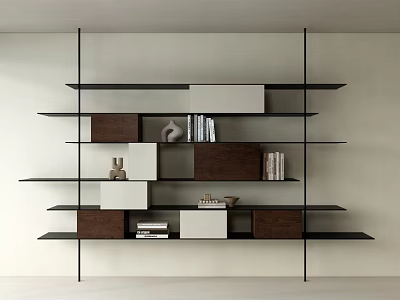 Modern Bookshelf With Black Metal Frame Brown White Cabinets Open Shelves Books Decorative Items 3d model