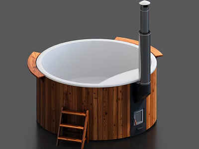 Circular Wooden Bathtub With Black Chimney Wooden Ladder And Natural Design 3d model