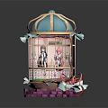 Two Animated Characters In Decorative Cage Structure With Green Grass And Red Ribbons