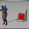 Welder Wearing White Safety Helmet Using Welding Torch With Red Machine And Green Gas Cylinder