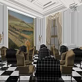 Luxurious Sales Office Interior With Black White Checkered Armchairs Large Decorative Painting And Wall Sconces