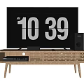 Modern TV with Wooden TV Stand Floor Speakers and Subwoofer Setup
