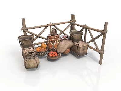 Traditional Handcrafted Woven Baskets Clay Pots And Fruits On Wooden Display Rack 3d model