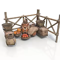 Traditional Handcrafted Woven Baskets Clay Pots And Fruits On Wooden Display Rack