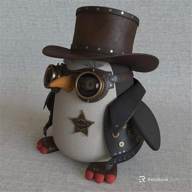 Steampunk Penguin Doll with Brown Top Hat Leather Goggles Star Badge Black Coat Metal Accents 3d model 