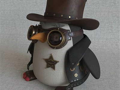 Steampunk Penguin Doll with Brown Top Hat Leather Goggles Star Badge Black Coat Metal Accents 3d model