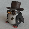 Steampunk Penguin Doll with Brown Top Hat Leather Goggles Star Badge Black Coat Metal Accents
