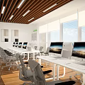 Modern Public Office Space With Ergonomic Chairs Workstations Computers Ceiling Lights And Wall Art 3d model