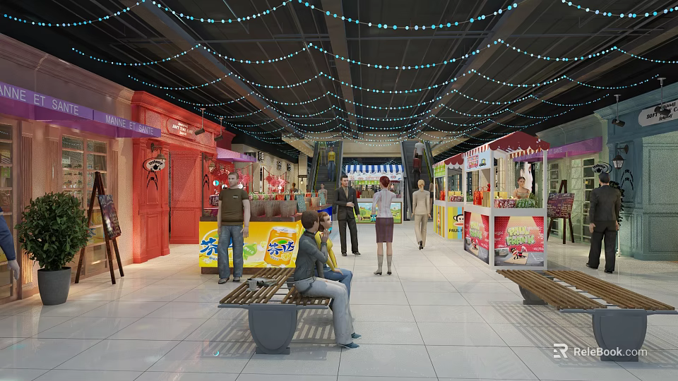 Shopping Mall Stores With String Lights Ceiling Colorful Storefronts And People Shopping 3d model 