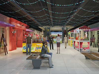 Shopping Mall Stores With String Lights Ceiling Colorful Storefronts And People Shopping 3d model