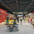 Shopping Mall Stores With String Lights Ceiling Colorful Storefronts And People Shopping