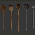Household Kitchen Tools Including Wooden Spoons And Metal Ladles With Various Shapes