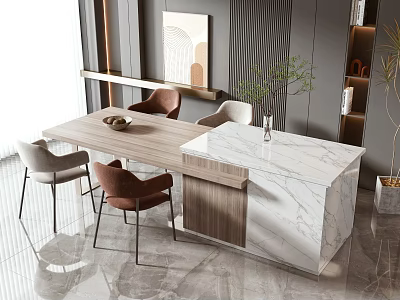 Elegant Modern Dining Interior With Wooden Table Set And Accent Chairs And Marble Island 3d model
