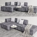 Gray Sectional Sofa With Plush Pillows Round Side Table Coffee Cups And Soft Blanket 3d model