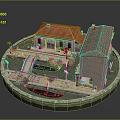 Traditional Building Model With Red Tile Roof Gray Structure Small Path Lawn Boats Street Lamps