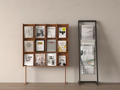 Wooden And Metal Frame Shelving Units With Multiple Compartments For Magazines And Books 3d model