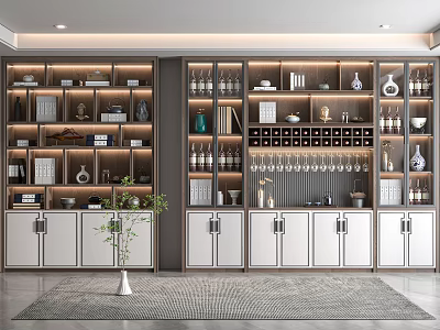 Modern Open Wine Cabinet with White Doors Gray Frame Wine Glasses Bottles Decorations Light Strips 3d model