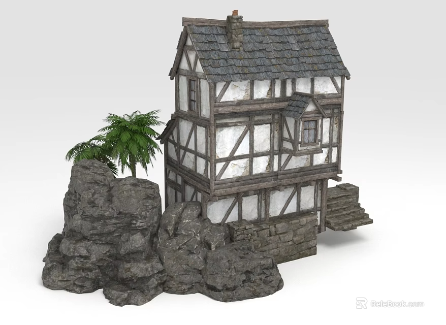 Traditional Half Timbered House Design With Rocky Base Stone Steps And Palm Tree 3d model 