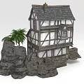 Traditional Half Timbered House Design With Rocky Base Stone Steps And Palm Tree