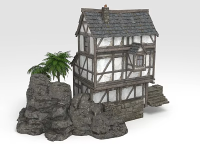 Traditional Half Timbered House Design With Rocky Base Stone Steps And Palm Tree 3d model