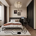 Elegant Bedroom Interior With Ceiling Relief Chandelier Framed Pictures Bed Nightstand Wardrobe And Wooden Flooring