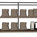 Wooden Storage Shelf With Burlap Bags And Small Boxes For Household Items