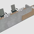 Modern Reception Desk With Concrete Base Wooden Countertop Computers And Chairs