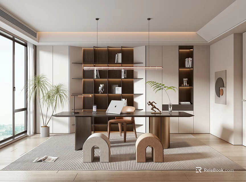 Modern Study Room With Built In Shelves Wooden Desk Laptop Green Plants And Large Windows 3d model 