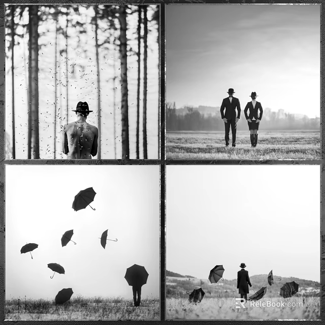 Black and White Figure Paintings Featuring Trees Field Scenes and Floating Umbrellas 3d model 