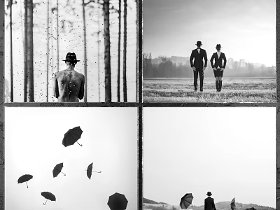 Black and White Figure Paintings Featuring Trees Field Scenes and Floating Umbrellas 3d model