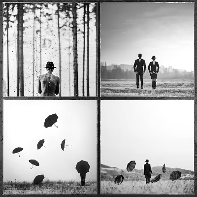 Black and White Figure Paintings Featuring Trees Field Scenes and Floating Umbrellas 3d model