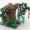 Detailed Building Blocks Tree Model With Green Foliage White Flowers Brown Trunk And Green Base