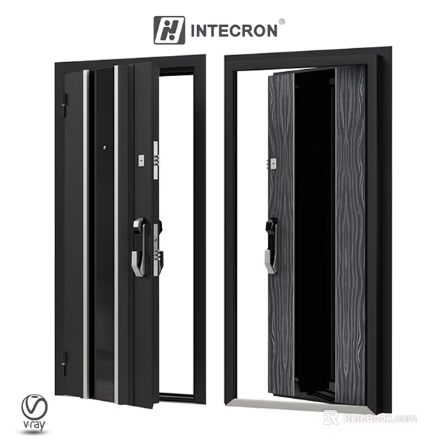 Modern Black Swing Door With Glass Panels And Wooden Interior Design 3d model 