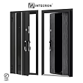 Modern Black Swing Door With Glass Panels And Wooden Interior Design