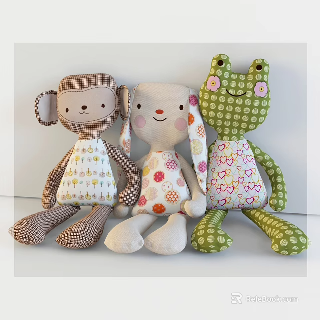 Adorable Handmade Cloth Dolls Featuring Monkey Rabbit Frog With Plaid Flower Heart Polka Dot Designs 3d model 