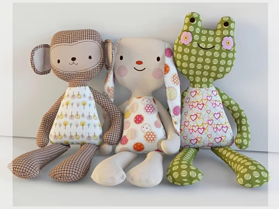 Adorable Handmade Cloth Dolls Featuring Monkey Rabbit Frog With Plaid Flower Heart Polka Dot Designs 3d model