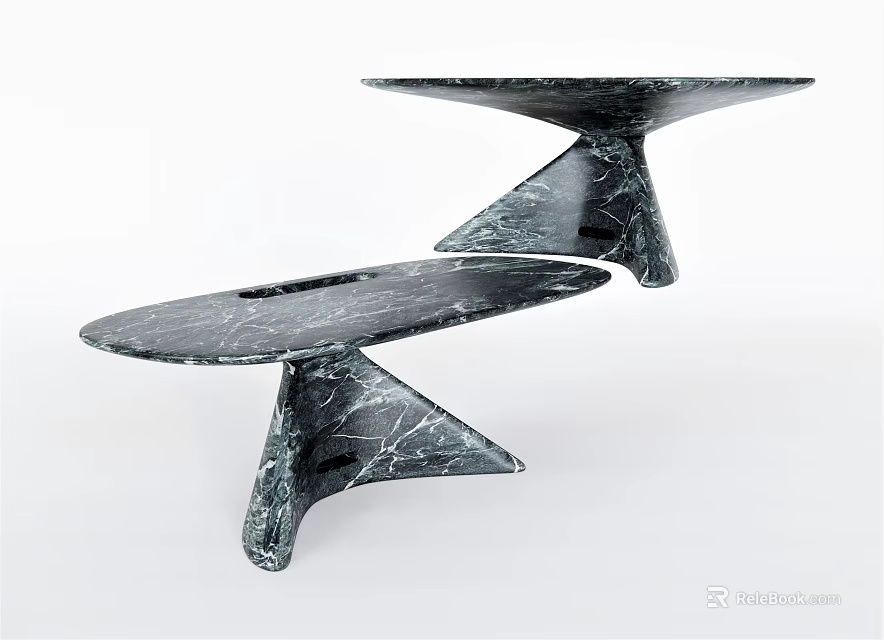 Unique Black Marble Dining Table with Irregular Pedestal Base and Distinctive Shape 3d model