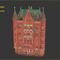 Vintage Multi Storey Residential Building With Red Exterior Walls And Green Roof Spires
