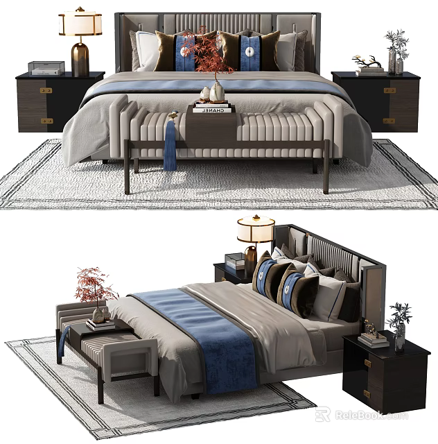 Modern Double Bed Interior With Bedside Tables Bench Pillows and Decorative Lamp 3d model