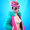 A woman wearing pink and teal fur lined hoodie with light bikini against blue background