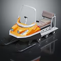 Orange Snowmobile Style Recreational Ride With Transparent Windshield Brown Seat Tracks And Skis