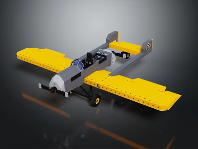 Building Block Toy Airplane With Yellow Wings Gray Body Black Cockpit And Landing Wheels 3d model