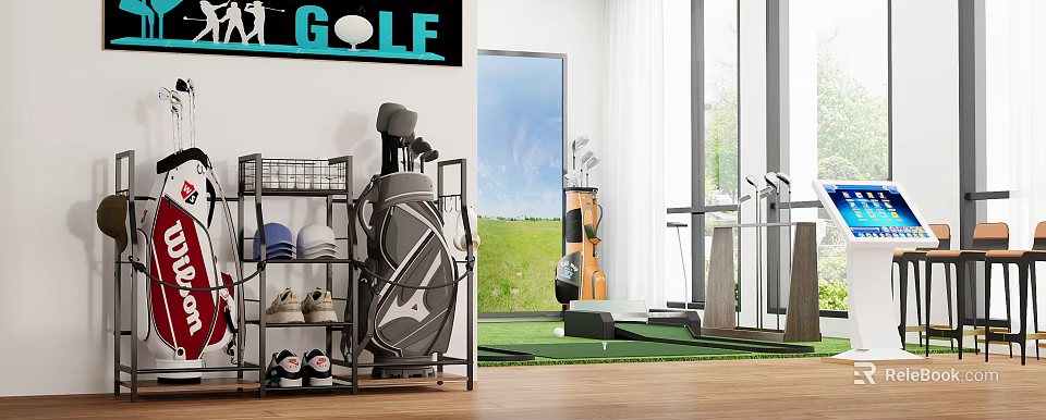 Functional Golf Storage Rack Organizing Golf Bag Clubs and Shoes 3d model 