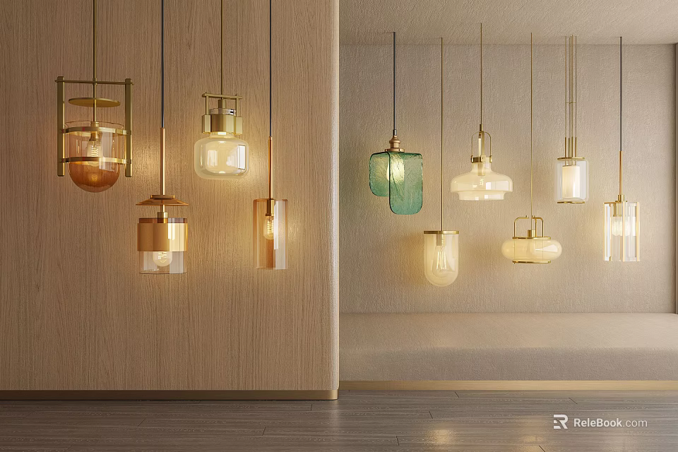 Various Designed Pendant Lights In Modern Interior With Glass Metal And Wooden Elements 3d model 