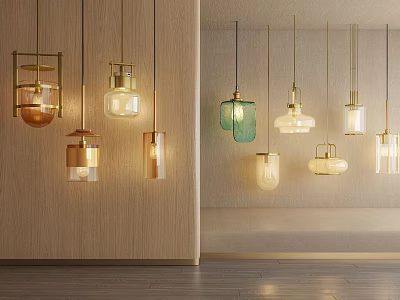 Various Designed Pendant Lights In Modern Interior With Glass Metal And Wooden Elements 3d model