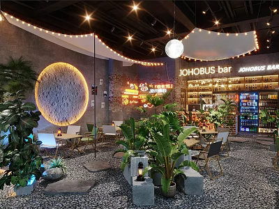 JOHOBUS Bar Restaurant Interior With Lush Plants Circular Decoration Lighting And Pebble Floor 3d model