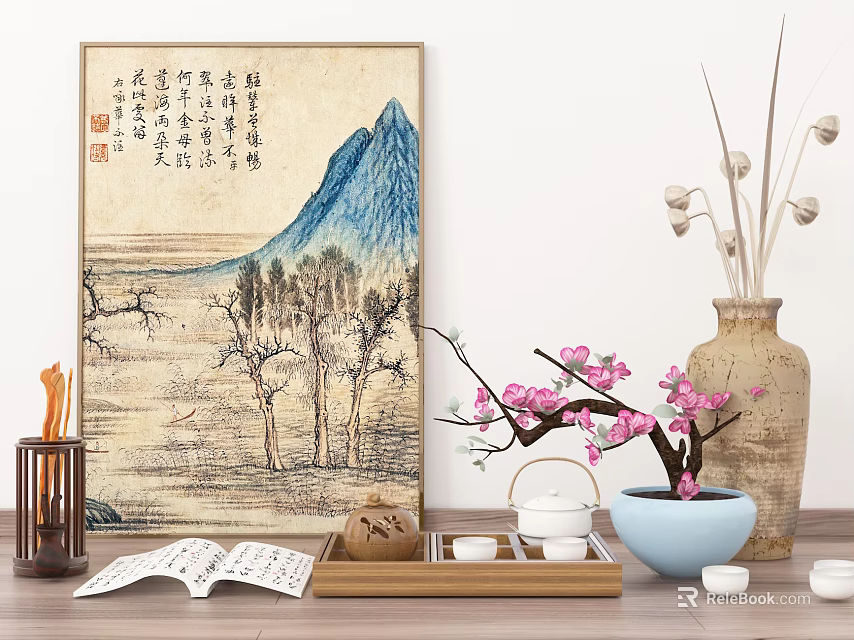 Chinese Style Decorative Ornament Set With Scroll Painting Vase Tea Set And Plum Blossom 3d model 